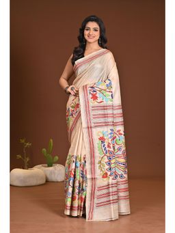 Ramshyam Collection - Womens Silk Embroidered Thread Work Beige Saree with Unstitched Blouse