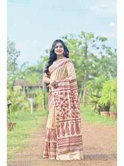 Ramshyam Collection - Womens Silk Printed Beige Saree with Unstitched Blouse