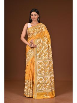 Ramshyam Collection - Womens Kantha Silk Floral Yellow Saree with Unstitched Blouse