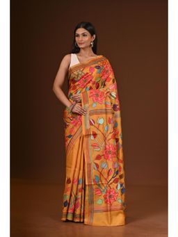 Ramshyam Collection - Womens Kantha Silk Embroidered Thread Work Mustard Saree with Unstitched Blouse