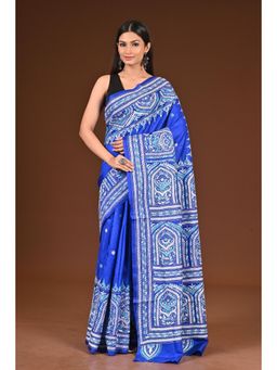 Ramshyam Collection - Womens Kantha Silk Embroidered Thread Work Blue Saree with Unstitched Blouse