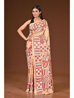 Ramshyam Collection - Womens Kantha Silk Embroidered Thread Work Peach Saree with Unstitched Blouse