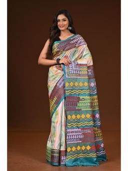 Ramshyam Collection - Womens Kantha Silk Printed Multi-Color Saree with Unstitched Blouse