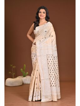 Ramshyam Collection - Womens Silk Printed Beige Saree with Unstitched Blouse