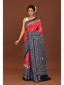 Ramshyam Collection - Womens Kantha Silk Printed Red Saree with Unstitched Blouse