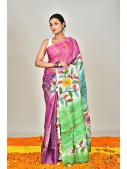 Ramshyam Collection - Womens Kantha Silk Embroidered Thread Work Pink Saree with Unstitched Blouse