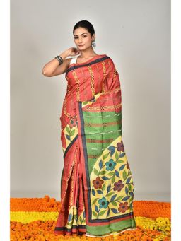 Ramshyam Collection - Womens Kantha Silk Embroidered Thread Work Rust Saree with Unstitched Blouse