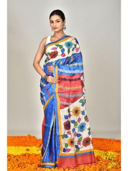 Ramshyam Collection - Womens Kantha Silk Embroidered Thread Work Blue Saree with Unstitched Blouse