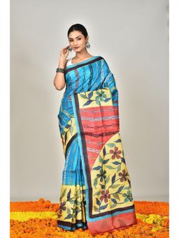 Ramshyam Collection - Womens Kantha Silk Embroidered Thread Work Blue Saree with Unstitched Blouse