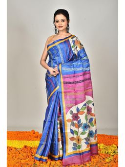 Ramshyam Collection - Womens Kantha Silk Embroidered Thread Work Blue Saree with Unstitched Blouse