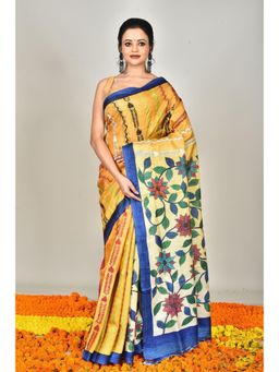Ramshyam Collection - Womens Kantha Silk Embroidered Thread Work Yellow Saree with Unstitched Blouse