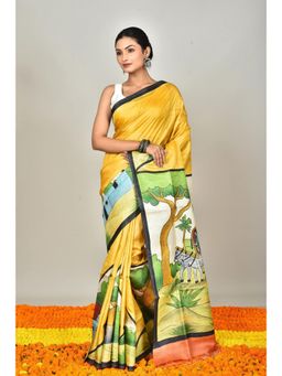 Ramshyam Collection - Womens Kantha Silk Embroidered Thread Work Yellow Saree with Unstitched Blouse