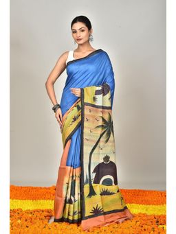 Ramshyam Collection - Womens Kantha Silk Embroidered Thread Work Blue Saree with Unstitched Blouse