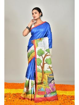 Ramshyam Collection - Womens Kantha Silk Printed Blue Saree with Unstitched Blouse