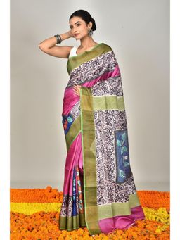 Ramshyam Collection - Womens Kantha Silk Printed Thread Work Multi-Color Saree with Unstitched Blouse