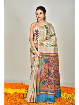 Ramshyam Collection - Womens Kantha Silk Printed Beige Saree with Unstitched Blouse