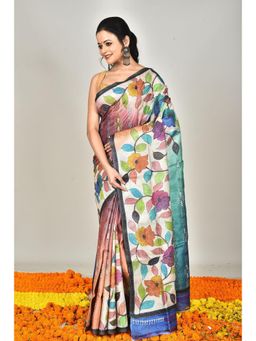 Ramshyam Collection - Womens Kantha Silk Floral Thread Work Multi-Color Saree with Unstitched Blouse