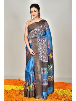 Ramshyam Collection - Womens Kantha Silk Printed Blue Saree with Unstitched Blouse