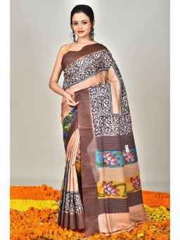 Ramshyam Collection - Womens Kantha Silk Printed Brown Saree with Unstitched Blouse