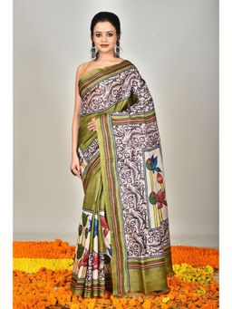Ramshyam Collection - Womens Kantha Silk Printed Green Saree with Unstitched Blouse