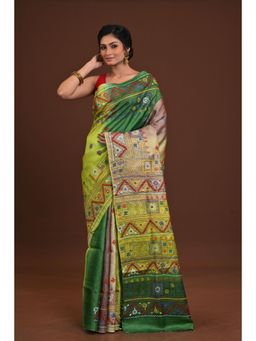 Ramshyam Collection - Womens Kantha Silk Printed Thread Work Multi-Color Saree with Unstitched Blouse