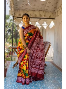 Ramshyam Collection - Womens Kantha Tussar Silk Floral Yellow Saree with Unstitched Blouse