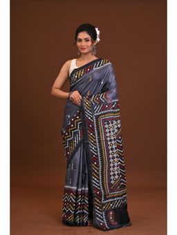 Ramshyam Collection - Womens Kantha Silk Printed Grey Saree with Unstitched Blouse
