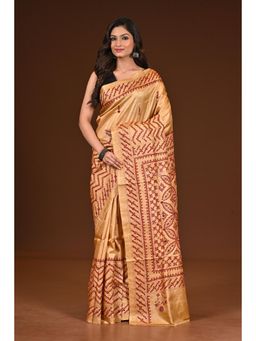 Ramshyam Collection - Womens Kantha Silk Embroidered Mirrow Work Beige Saree with Unstitched Blouse