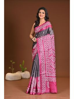 Ramshyam Collection - Womens Tussar Silk Printed Grey Saree with Unstitched Blouse