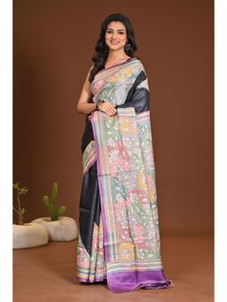 Ramshyam Collection - Womens Tussar Silk Embroidered Thread Work Black Saree with Unstitched Blouse
