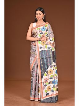 Ramshyam Collection - Womens Kantha Silk Floral Thread Work Multi-Color Saree with Unstitched Blouse