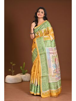 Ramshyam Collection - Womens Tussar Silk Printed Yellow Saree with Unstitched Blouse