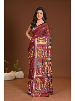Ramshyam Collection - Womens Silk Blend Thread Work Maroon Saree with Unstitched Blouse
