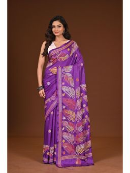 Ramshyam Collection - Womens Kantha Silk Blend Thread Work Purple Saree with Unstitched Blouse