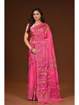 Ramshyam Collection - Womens Kantha Silk Blend Thread Work Pink Saree with Unstitched Blouse