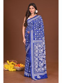 Ramshyam Collection - Womens Kantha Silk Blend Thread Work Blue Saree with Unstitched Blouse