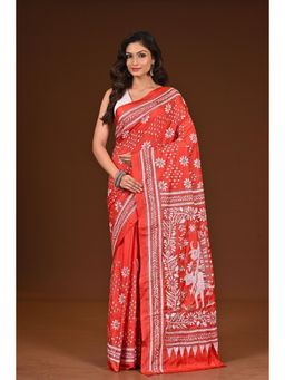 Ramshyam Collection - Womens Kantha Silk Blend Embroidered Red Saree with Unstitched Blouse