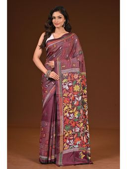 Ramshyam Collection - Womens Kantha Silk Blend Thread Work Purple Saree with Unstitched Blouse