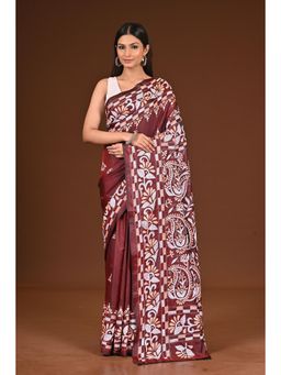 Ramshyam Collection - Womens Kantha Silk Blend Thread Work Brown Saree with Unstitched Blouse