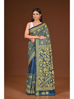 Ramshyam Collection - Womens Kantha Silk Blend Thread Work Blue Saree with Unstitched Blouse