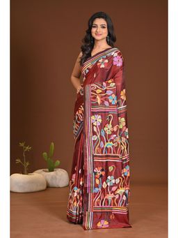 Ramshyam Collection - Womens Silk Blend Embroidered Thread Work Maroon Saree with Unstitched Blouse