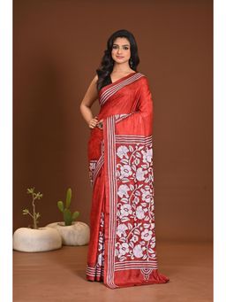 Ramshyam Collection - Womens Silk Blend Embroidered Thread Work Red Saree with Unstitched Blouse