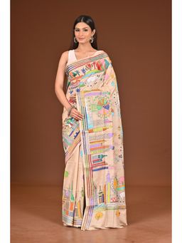 Ramshyam Collection - Womens Kantha Silk Embroidered Thread Work Beige Saree with Unstitched Blouse