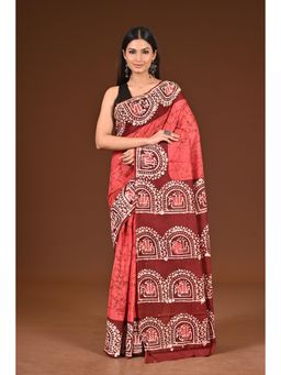 Ramshyam Collection - Womens Pure Cotton Hand Painted Job Maroon Saree with Unstitched Blouse