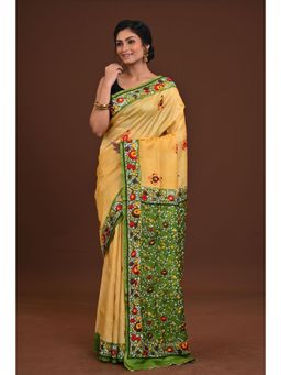 Ramshyam Collection - Womens Kantha Silk Embroidered Thread Work Yellow Saree with Unstitched Blouse