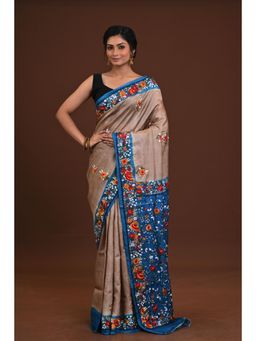 Ramshyam Collection - Womens Kantha Silk Floral Embroidered Beige Saree with Unstitched Blouse