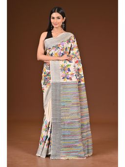 Ramshyam Collection - Womens Kantha Silk Embroidered Thread Work Cream Saree with Unstitched Blouse
