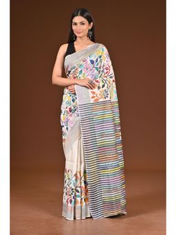 Ramshyam Collection - Womens Kantha Silk Embroidered Thread Work Cream Saree with Unstitched Blouse