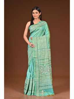 Ramshyam Collection - Womens Kantha Silk Printed Green Saree with Unstitched Blouse