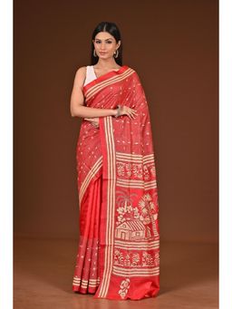 Ramshyam Collection - Womens Kantha Silk Embroidered Thread Work Red Saree with Unstitched Blouse